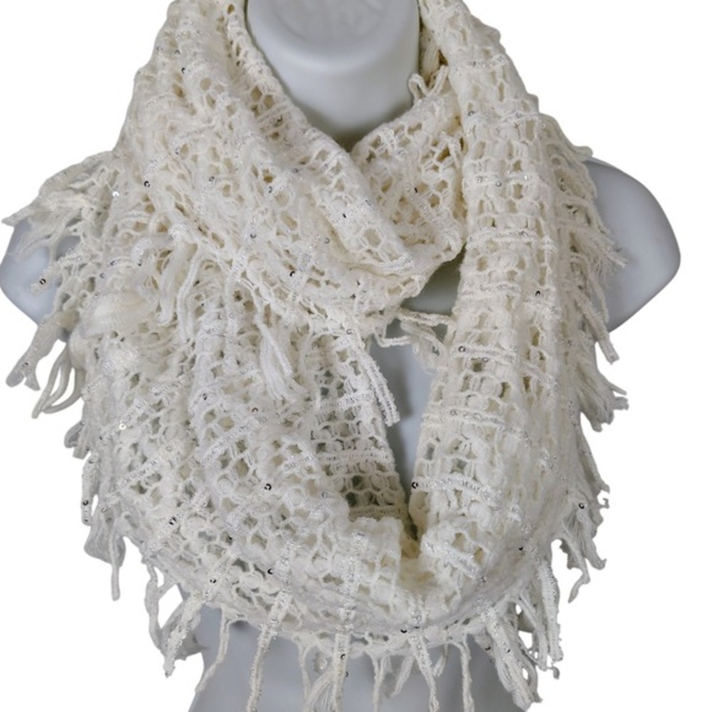 Cream White Crochet Infinity Scarf Silver‎ Sequins Fringe coquette romantic